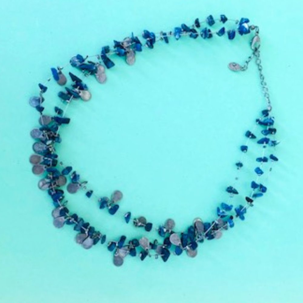 Multi-strand stone, wire, and metal necklace